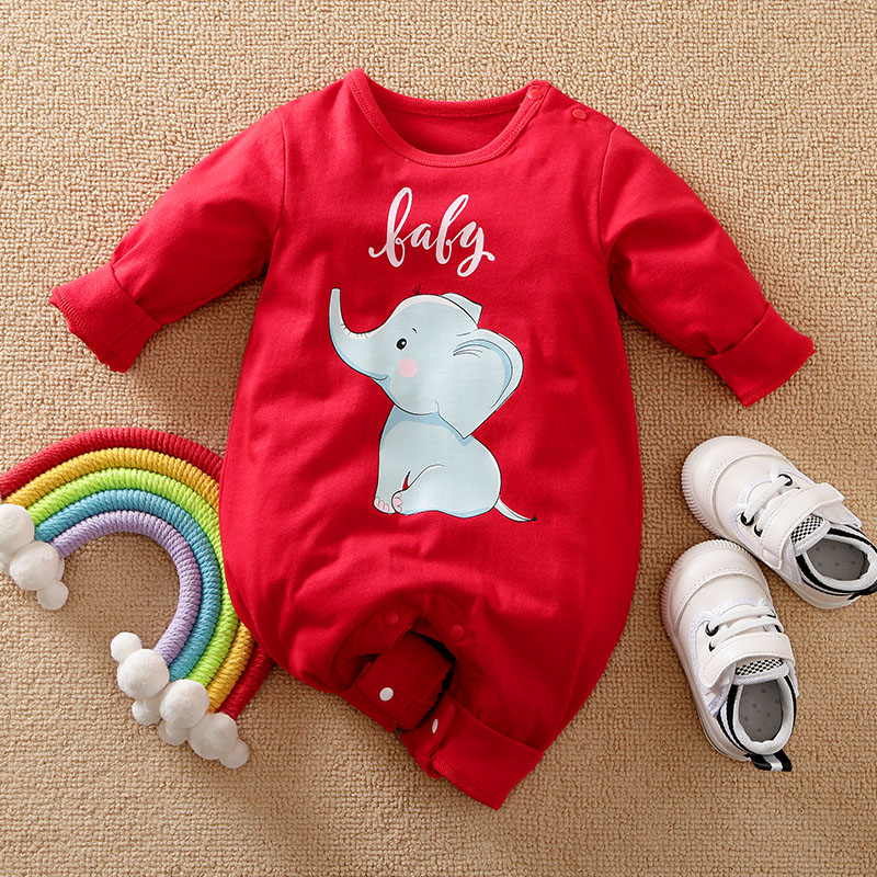 ( Red/0-3M ) 0-18m Newborn Clothing Cute Cartoon Elephant Print Casual Cotton Comfortable And Soft Spring And Autumn Long SleevedBabyJumpsuit Bles Online DZ-8B-03