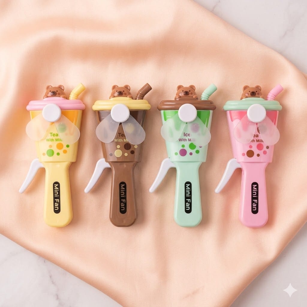 Cute Bubble Tea Hand Press Mini Fan - Portable Boba Cup Cooling Fan for Kids & Students, Cute Bear Mechanical Handheld Fan No Battery Required, Pocket Cartoon Air Cooler Toy for Summer & Travel