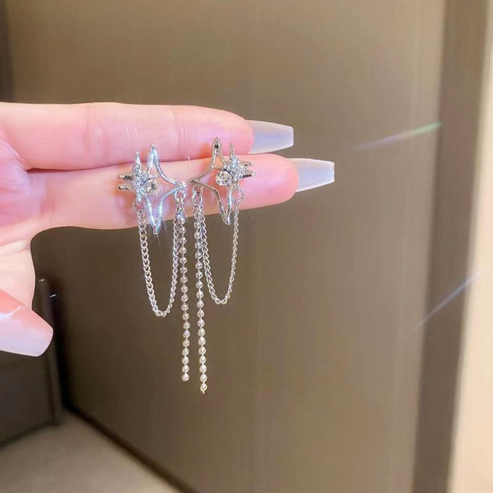 Tassel Star Tassel Earrings Sparkling Personalised Star Chain Studs Four pointed Star Irregular Star Tassel Ear Studs for Women's Accessories Y2K Fashion Party Wear Stylish Gift Casual Chic