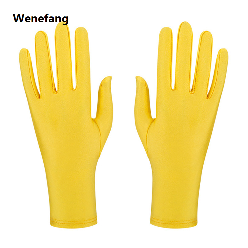 Wenefang SnowWhite 1 Pair Fashion Women Wrist Length Gloves Black White Red Short Satin Stretch Gloves for Ladies Girls Hand Gloves