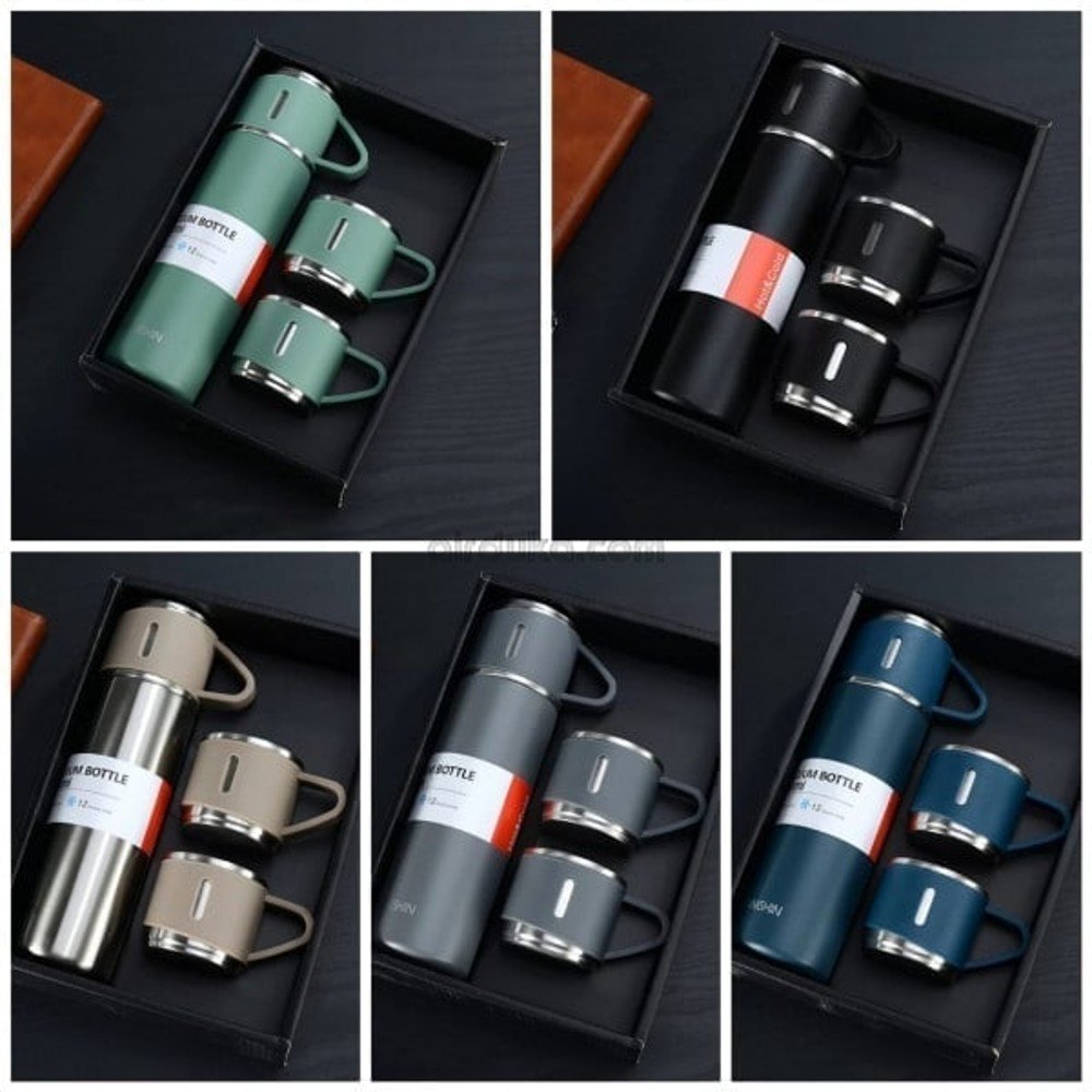 500ml Stainless Steel Thermo With 3 Cup | Vacuum Flask Set Stainless Steel Water Bottle Thermos With Extra 2 Lids l Vaccum Flusk l Vaccum Flusk 3 Cup