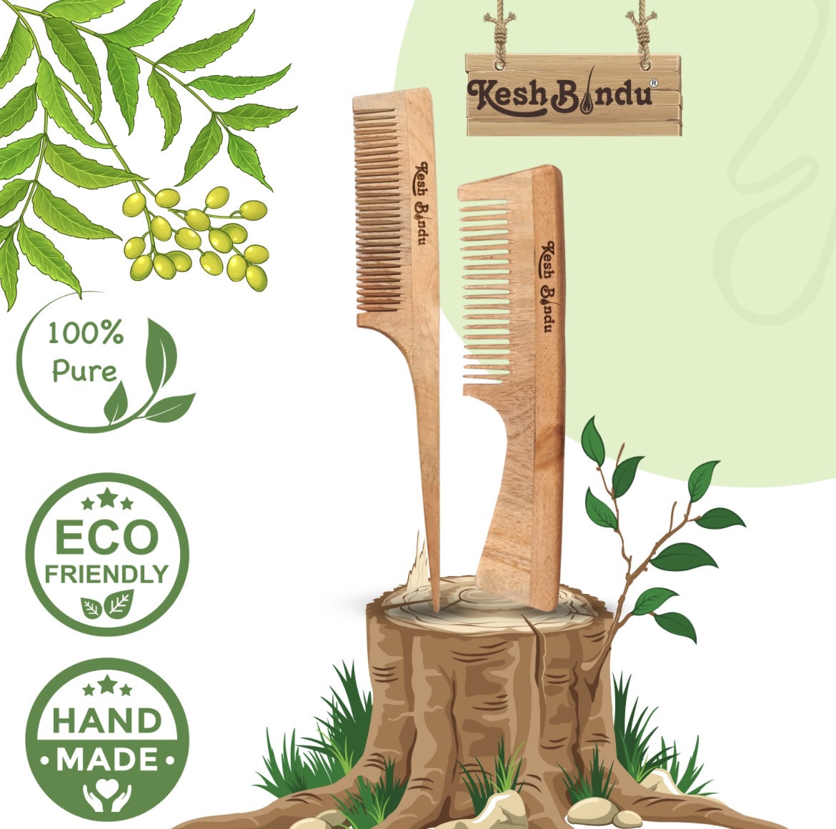 KeshBindu Neem Wooden Combs For Men & Women Suited For All Hair Types (Handle Comb + Tail Comb)
