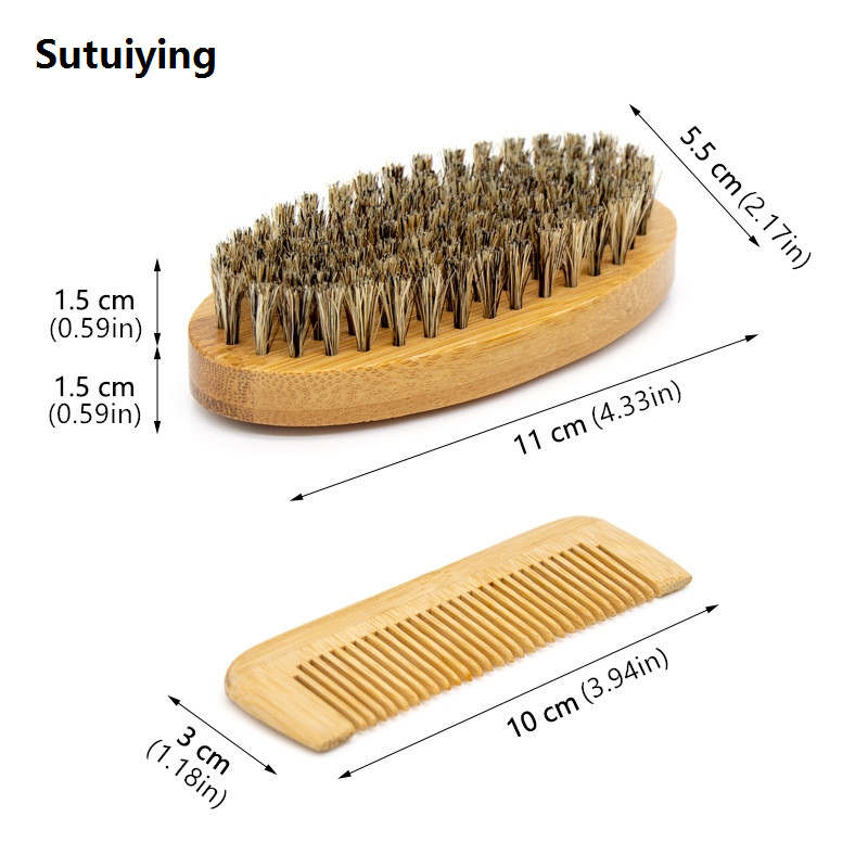 Sutuiying Beard Brush and Comb Set, Boar Bristle Beard Brush and Bamboo Portable Comb Mustache Shaving Cleaning Grooming Kit for Men