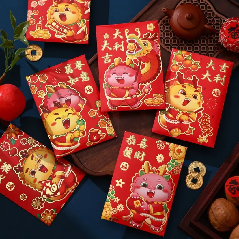 6PCS Cute Embossed Dragon Year Hongbao Profit Is Sealed Gilding Craft New Year Glitter Paper New Year Envelope Red Envelope Chinese New Year