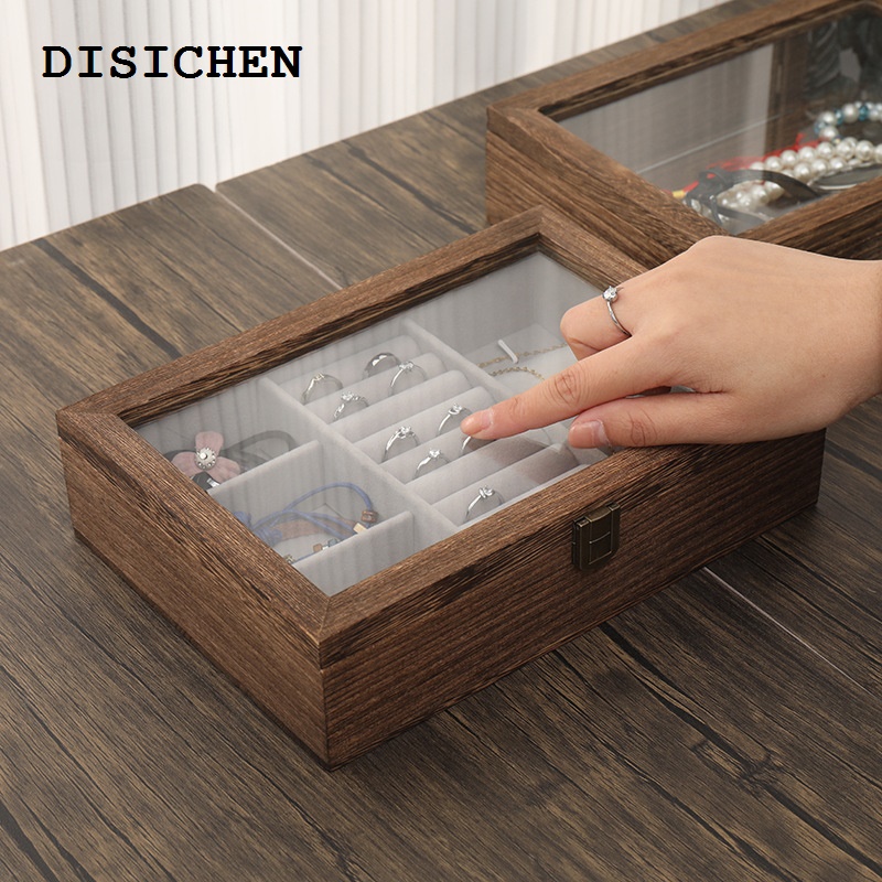DISICHEN Bargain price Jewellery storage Spot solid wood transparent glass jewelry storage box bamboo wood wearing stud earrings necklace jewelry multiple boxes