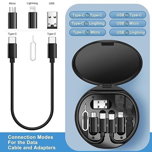 ALL IN ONE 5in1 Fast Charging Data Cable Kit for Type C, I-Phone & Android Smarphones, Multi Charging Cable, Convertor USB C to Lightning/Type C/Micro/USB A Adapter, Eject Tool and Slots