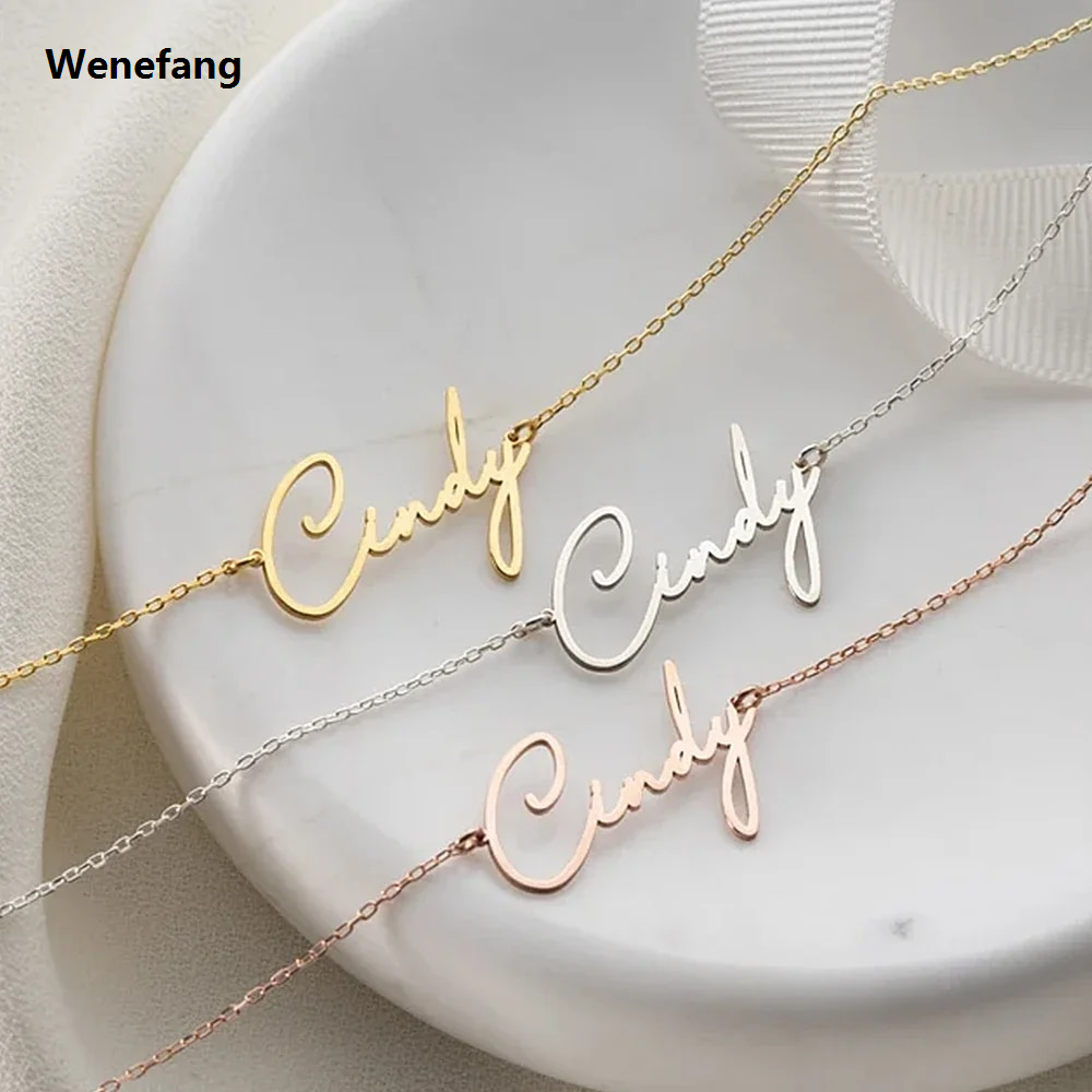 Wenefang Custom Name Necklaces for Women Personalised Cursive Font Stainless steel Box Chain Gold Choker Necklace Nameplate Jewelry Gift