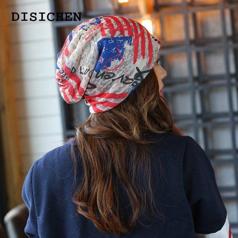 DISICHEN Profesional Hat and scarf three-in-one Hat, Spring and Autumn Sky Red Stripe, Five-star Neck, Women's Korean Version, Trendy Turban, Baotou, Confinement Hat, Three-purpose Pullover Pile