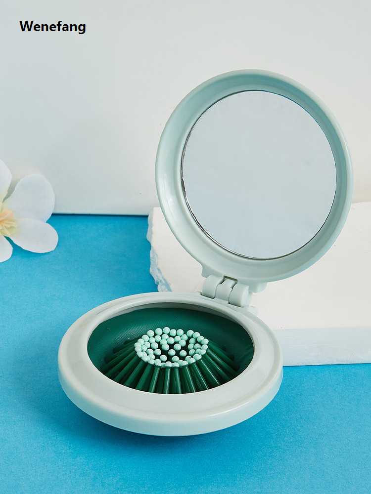 Portable Mini Sier Pocket Folding Comb Girl Women Round Small Travel Massage Hair Brush with Mirror Styling Accessories