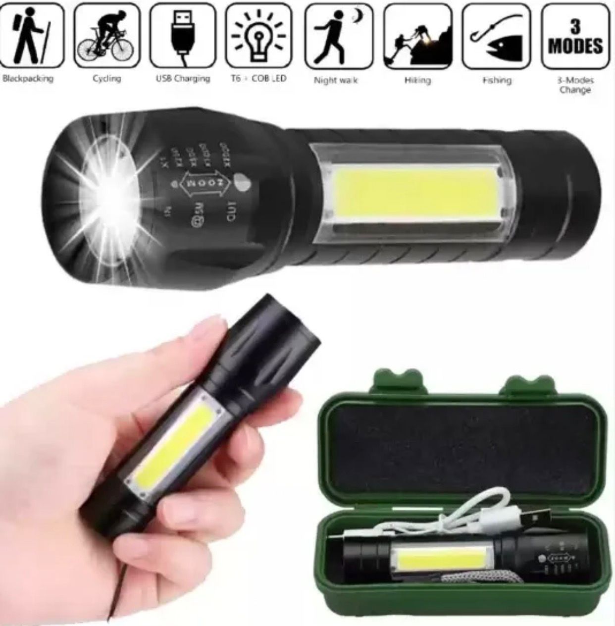 MIni Tactical LED Emergency Handheld Flashlight USB Rechargeable Flashlight 3 Modes Adjustable Focus,Portable Waterproof LED Flashlight with COB Side Lights，Best Tactical Torch
