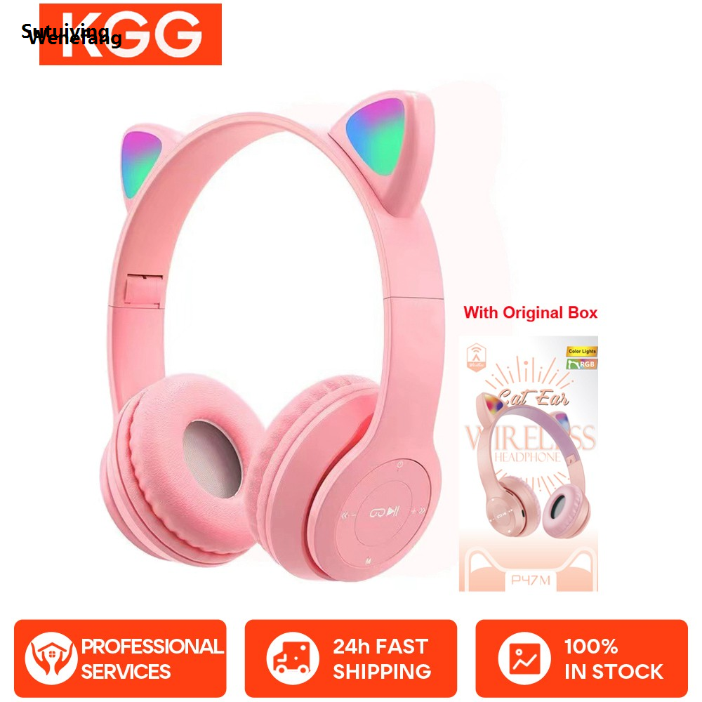 Wenefang Sutuiying 2025 Flash Light Wireless Headphone Cute Cat Ears Fone with Mic New New style Control LED Stereo Music Helmet Phone Bluetooth Headset Gift
