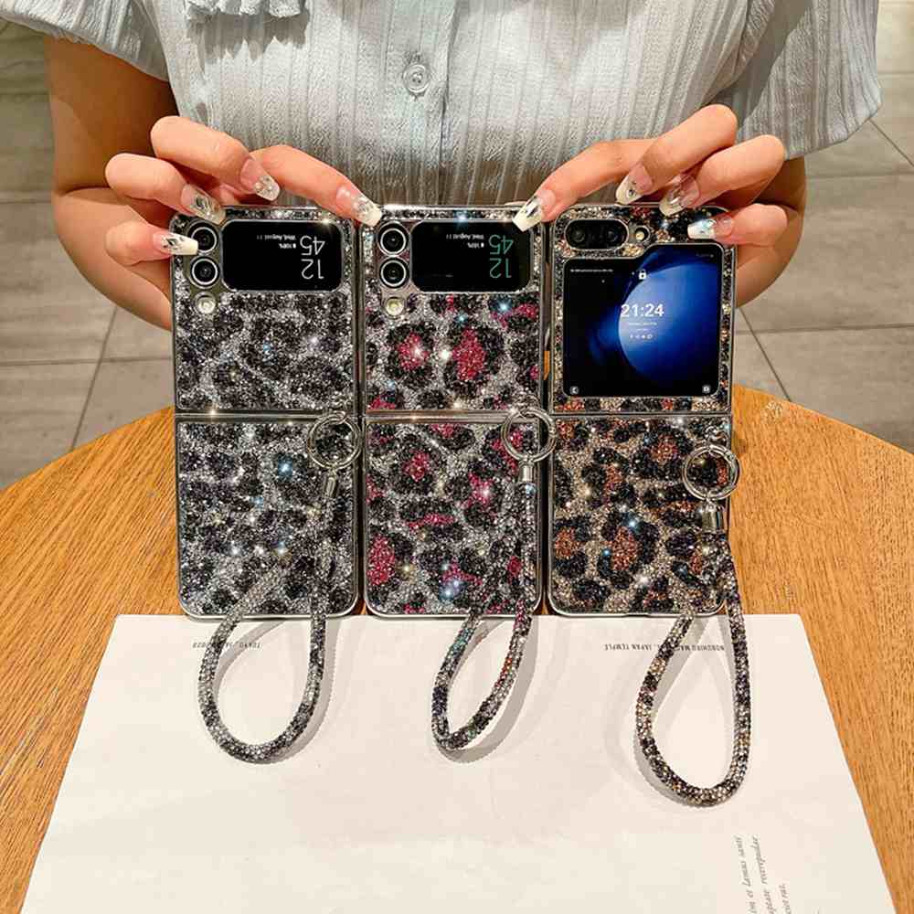 HODON Luxury Electroplated Leopard Print with Bracelet Case For Samsung Galaxy Z Flip6 Flip5 Flip4 Flip3 Cases Glitter with Chain shockproof Phone Back Cover
