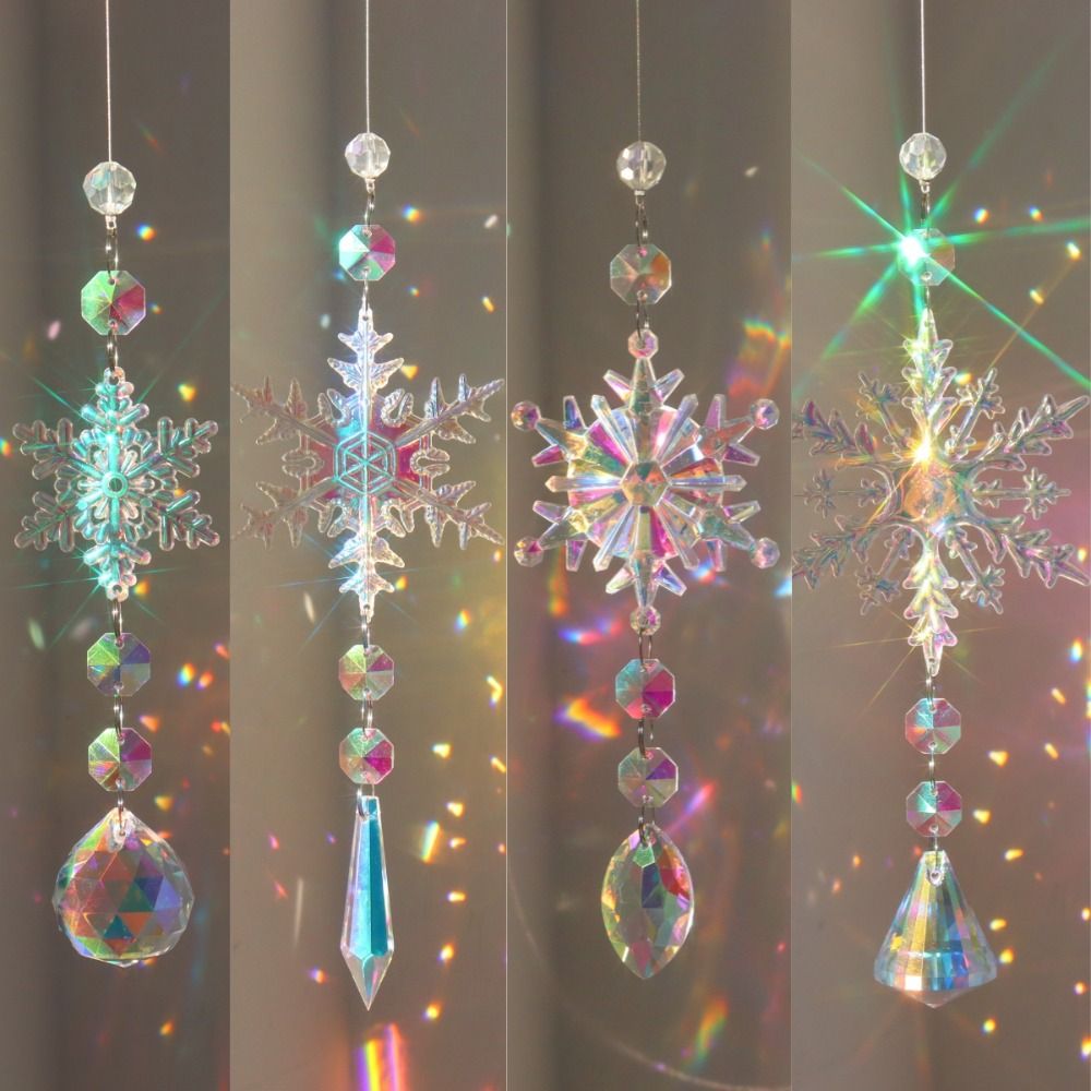 Cute Christmas Snowflake Crystal AB Color Gift Sun Catcher Multicolored Rainbow Maker Ice Column Pendant Home