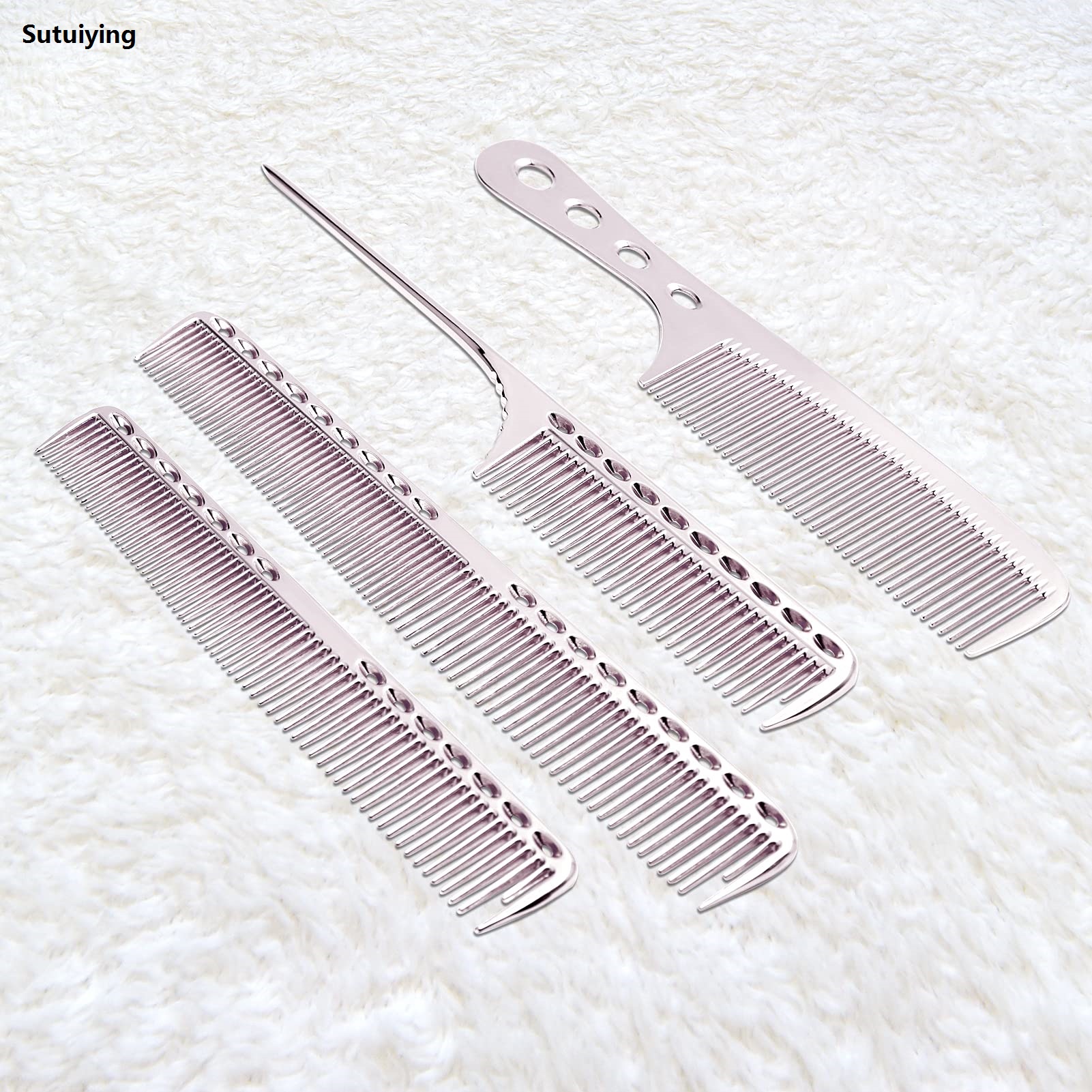 Sutuiying Professional Aluminum Dressing Comb 4 Types Metal Hair Combs For New Hair Styling Included Long Hair Cutting Comb Short Styling Comb