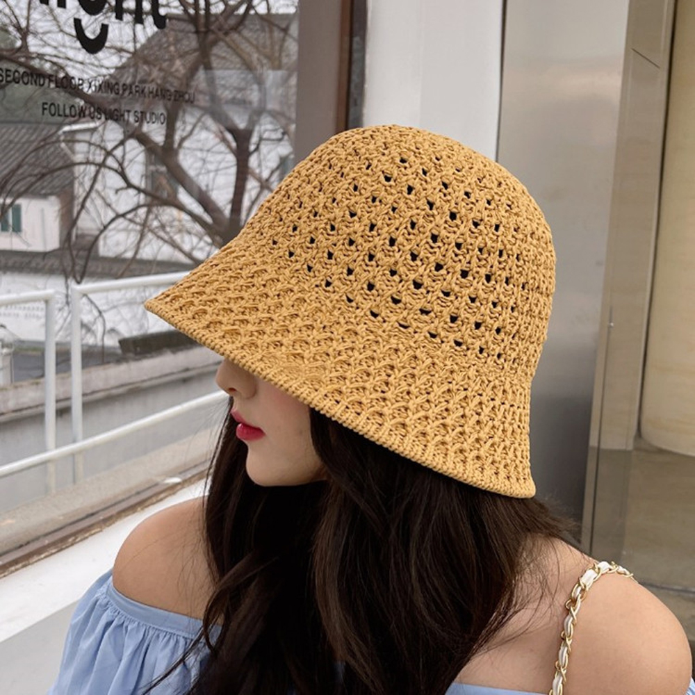 Sweet New Foldable Solid Color Hollow Out Sun Visor Beach Cap Bucket Hats Sun Hat Women Straw Hats