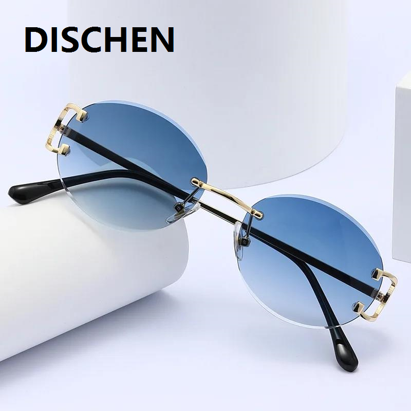DISCHEN New style Trendy Sunglasses For Woman Summer Rimless Sunglass Oval Fashion Brand Designer Shades Pink Women's Sun Glasses UV400