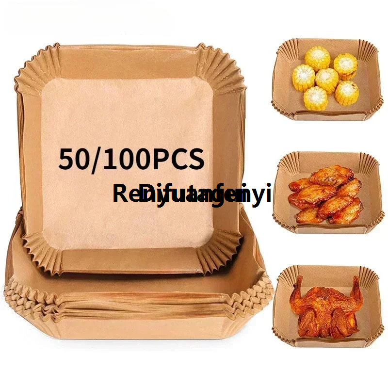 Difutagui 50/100PCS Air Fryer Disposable Paper Square Round Baking Paper Barbecue Fashion Portable Plate NonStick Mat Kitchen Oven Oil Absorbing Paper Tool