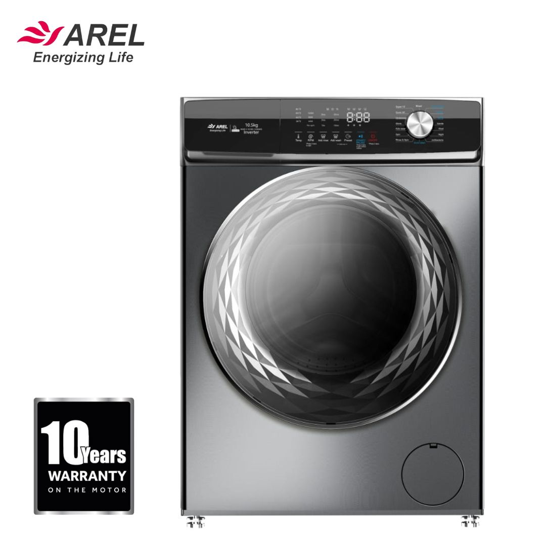 Arel 10.5 kg Front loading Fully Automatic Washing Machine | AI Powered | Inbuilt Heater | Fabrisafe Drum | Steam Wash | Child Lock | Unbalanced Load Sensor | 10 yrs Warranty | Indian Brand