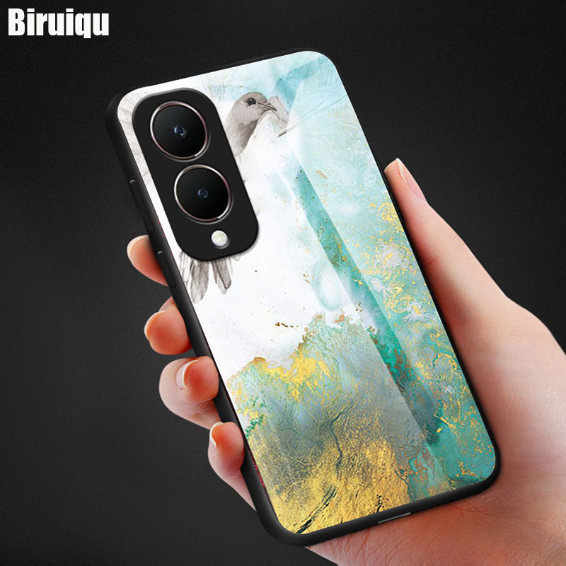 Biruiqu For VIVO Y28 Shockproof Fashion Marble Tempered Glass Back Case Cover