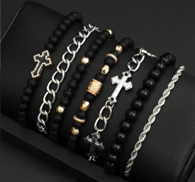 Pebbles Nepal Black Bead & Silver Chain Bracelet Set for Men | Cross Charm Layered Beaded Hand Jewelry Combo