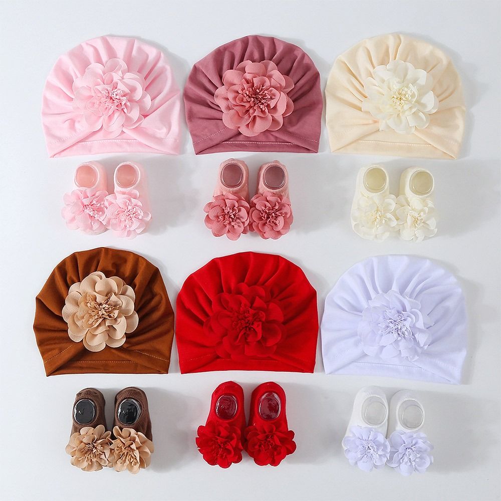 【Bestseller Alert】 2Pcs/set Spring Summer Flower Baby Cap Socks Set Cute Floral Elastic Turban Hat Cotton Thin Infant Caps for Newborn Girls