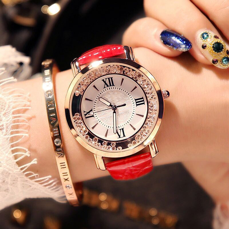 【New Trend】[Glamorous] Trendy Ladies Watches Flowing Rhinestone Quartz Watch Fashion Casual Student Minimalist Belt Roman Digital Watch