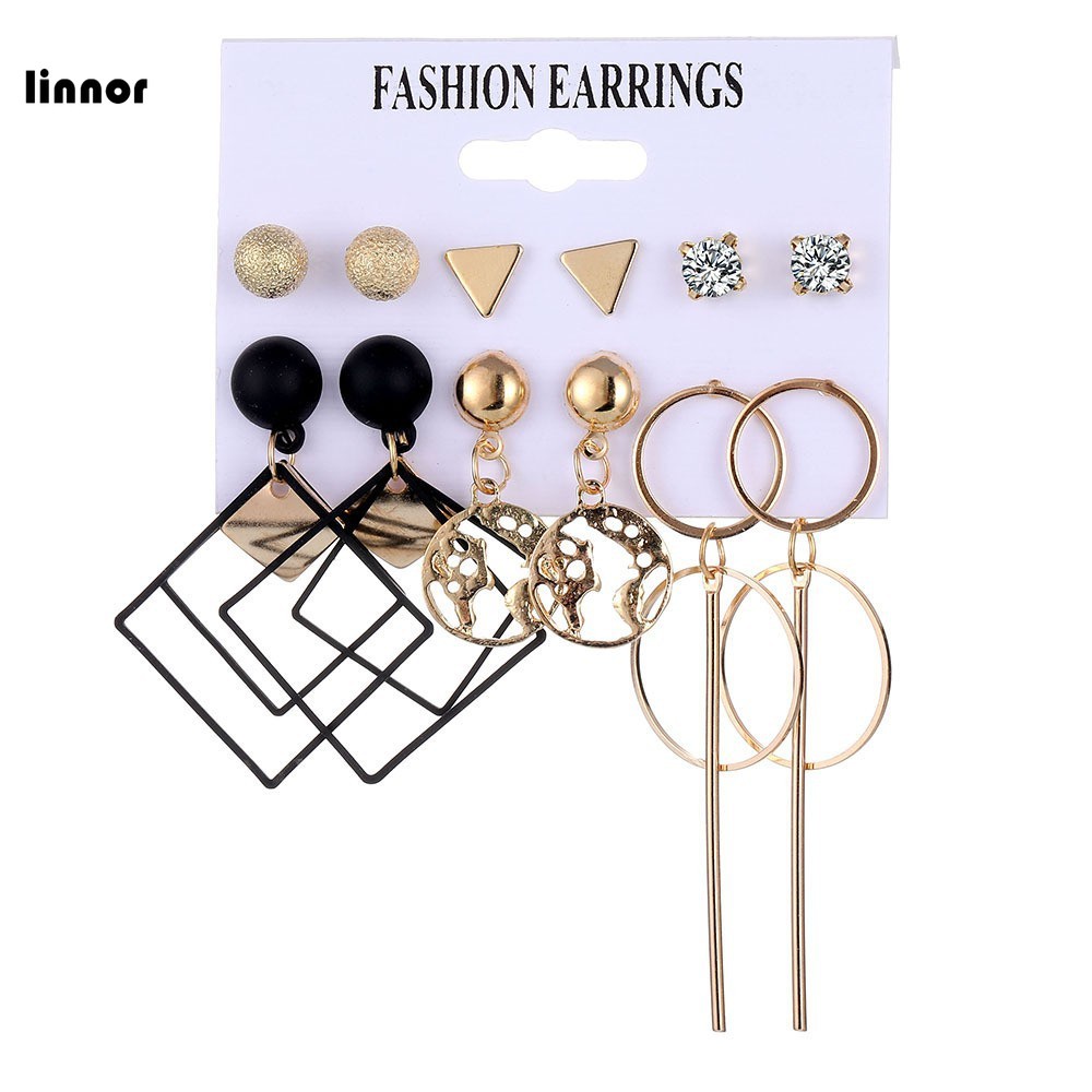12Pcs/Set Black Square Gold Earrings Female Jewelry Accessories Gifts New 2026