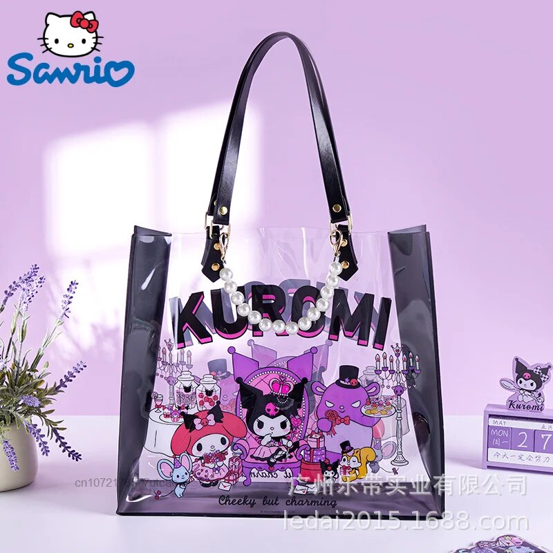 transparent bag Sanrio Kuromi Cute Gift Hand Bag Beading Pearl Handheld Cartoon Bag Transparent Handheld Bag for Teens Students