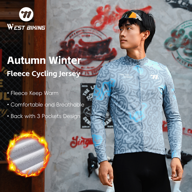 WEST BIKING Men's Aero Enduro Cycling Jersey Autumn Winter Thermal Brushed Fabric Windproof Sports Sweatshirt Bicycle Equipment
