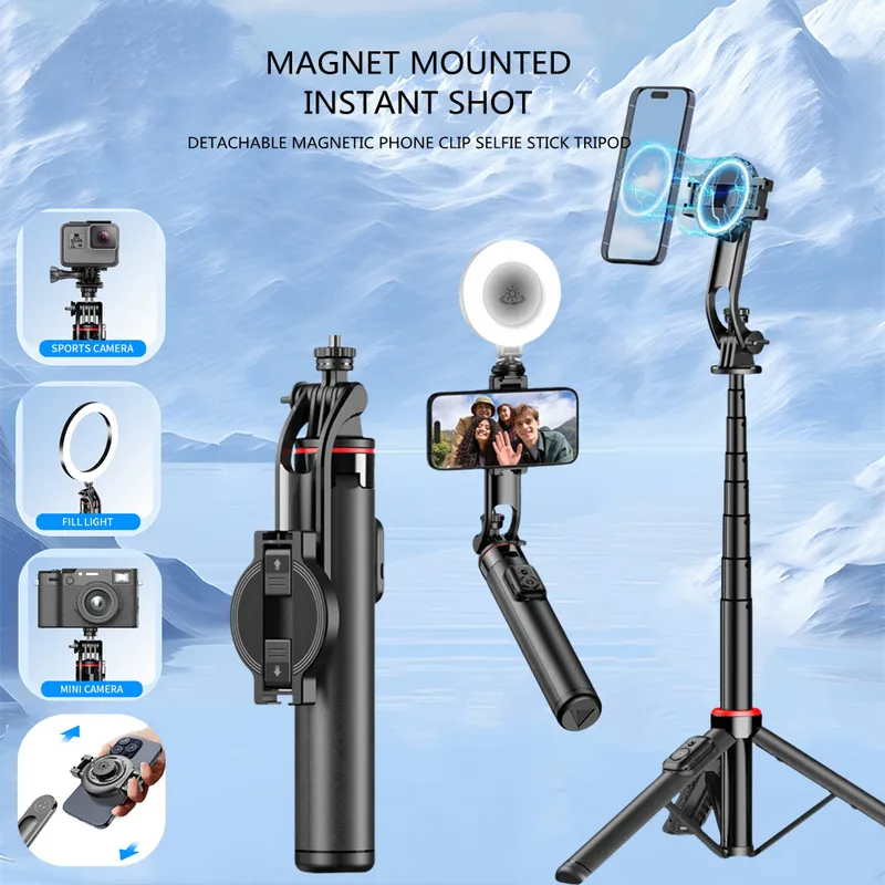 Portable Magnetic Selfie Stick Tripod with Remote Cellphone Stand for iPhone 14 13 12 Pro Max Vertical Shooting