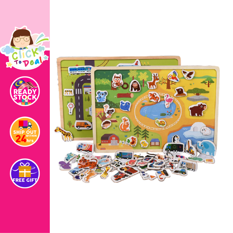 Wooden Magnetic Puzzle Animal and Traffic Vehicle Game Children Baby Early Educational Learning Toys Jigsaw for Kids
