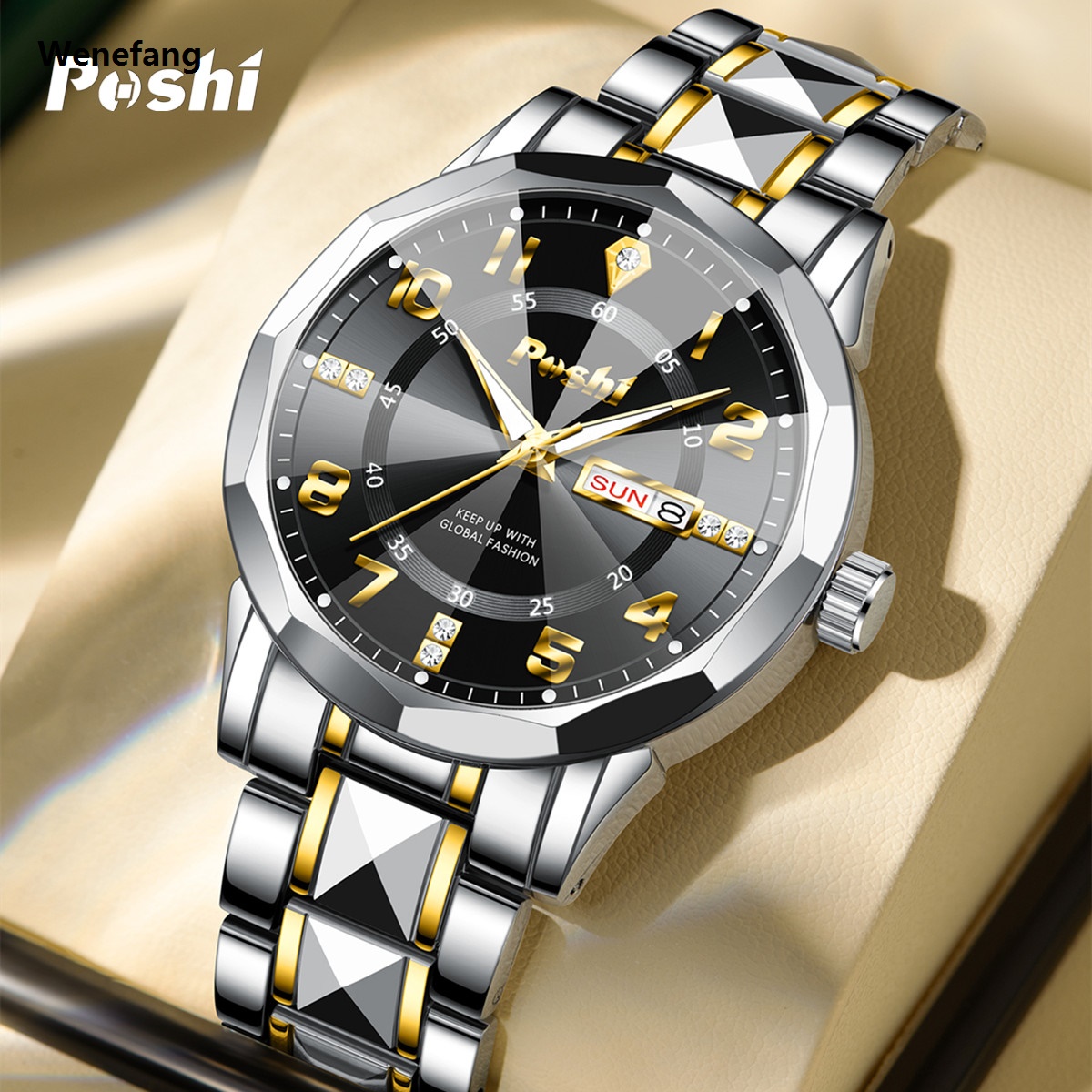 【Hot-Selling】 POSHI Luxury Men Quartz Watch Waterproof Date Week Luminous Wristwatch Stainless Steel Men's Watches Male Clock Reloj With Box