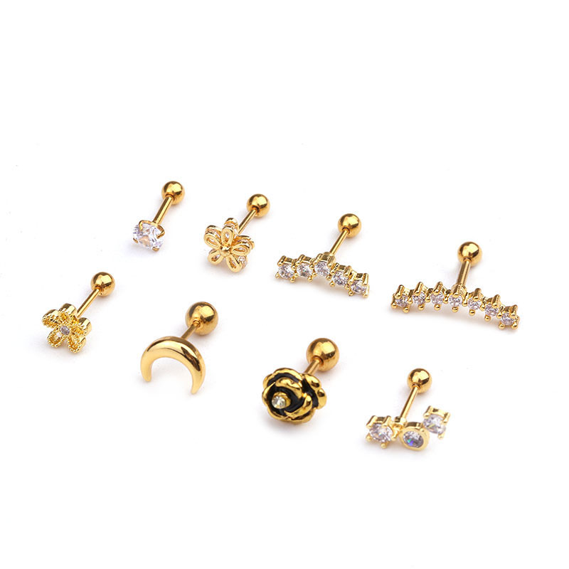 【HOT SALE】 1pc Stainless Steel Zircon Small Earrings Threaded Flower Earrings with Ball Earrings Piercing Jewelry