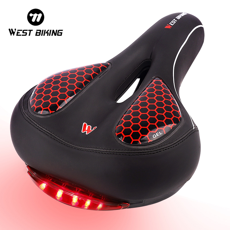 WEST BIKING PU GEL Soft Bike Saddle Thicken Seat with Taillight Flash Light Waterproof Front Saddle Comfortable Bicycle Cushion