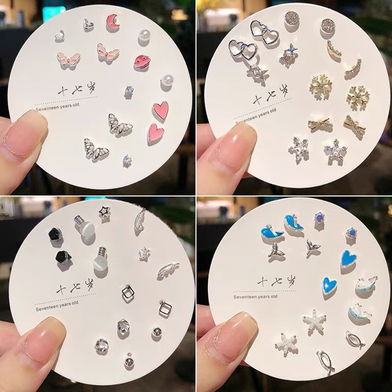 7pair Korean Fashion Small Geometric Female Earrings Set Multiple Pairs of Butterfly Cute Stud Earrings Jewelry Runrui
