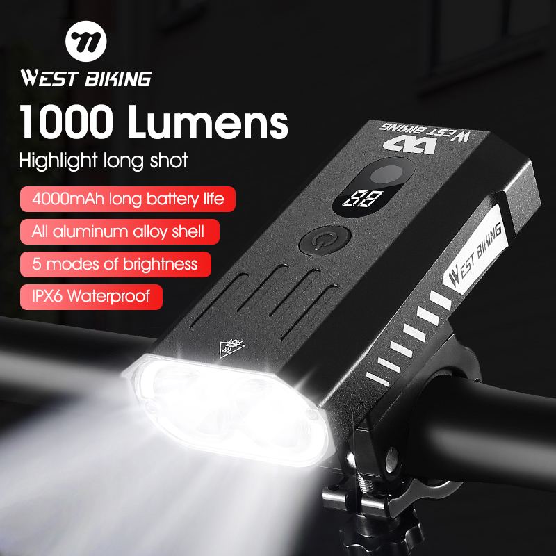 WEST BIKING Bike Front Light 1000LM U-sb Rechargeable Power Display Waterproof Floodlight Cycling Lamp MTB Road Bicycle Headlight