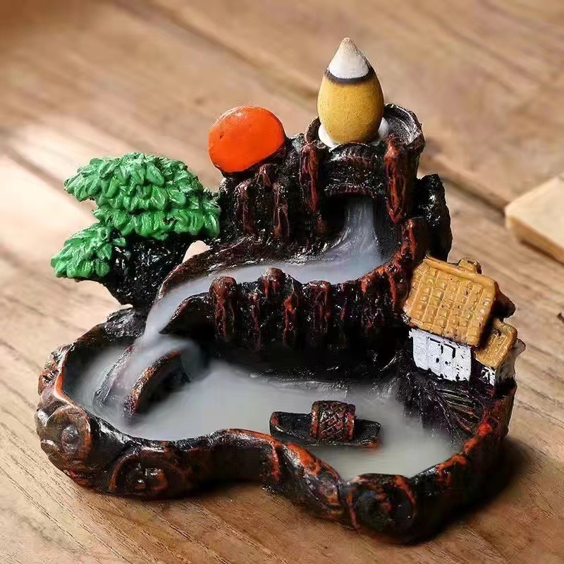HOT Resin Incense Burner Mountains River Waterfall Decoration for Home Fragrance Fireplace Backflow Aroma Smoke Fountain Zen Censer
