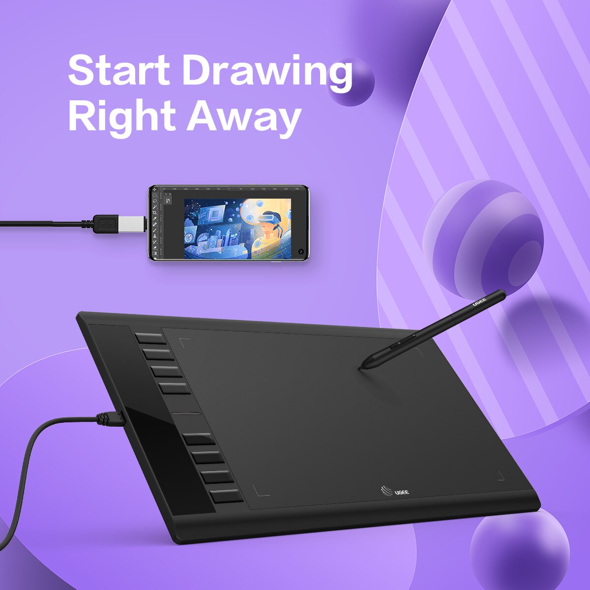 UGEE M708 V3 Graphics Drawing Tablet 10X6 Inch Digital Pen Tablets with 8 Shortcuts 8192 Levels Compatible Android Windows