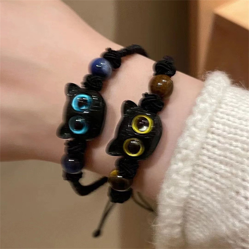 【High-quality】 Cute Black Cat Beaded Bracelet For Women Men Black White Beads Cartoon Animal Couple Bracelet Trendy Jewelry Lovers Gift ANLAN