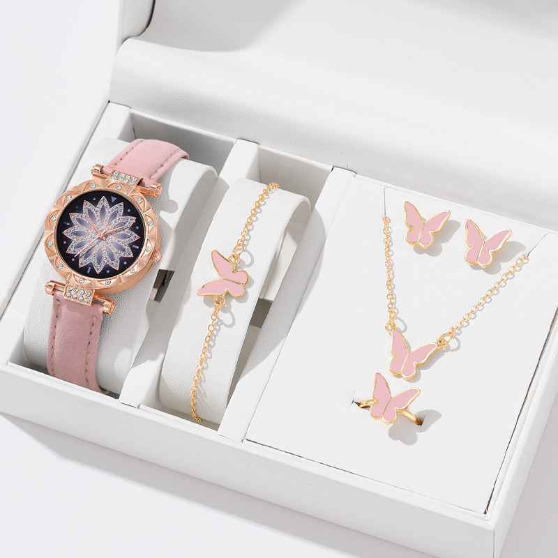 【New arrival】【Hot selling items 】Foul mall 6PCs set fashion petal watch with butterfly bracelet ring necklace set ladies casual quartz watches no box