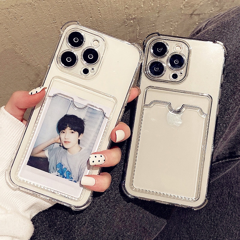 Card Pocket Clear Silicone Case Cover Camera Lens Liner Phone Case for iPhone 11 13 Pro Max 12 14 15Plus