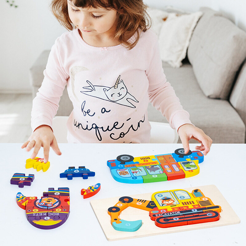 3D Wooden Vehicle Puzzles Educational Developmental Toys Gift Baby Montessori Color Shapes Learning Puzzles Great Gift Ideas for 2 3 4 5 Years Old Boys Girls Toddler