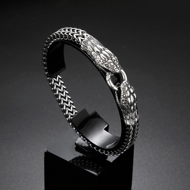 【Best Price Guaranteed】 Zodiac Double Headed Snake Bracelet Men Stainless Steel Ring Buckle Bangle Motorcycle Party Jewelry Accessories XIEGONG