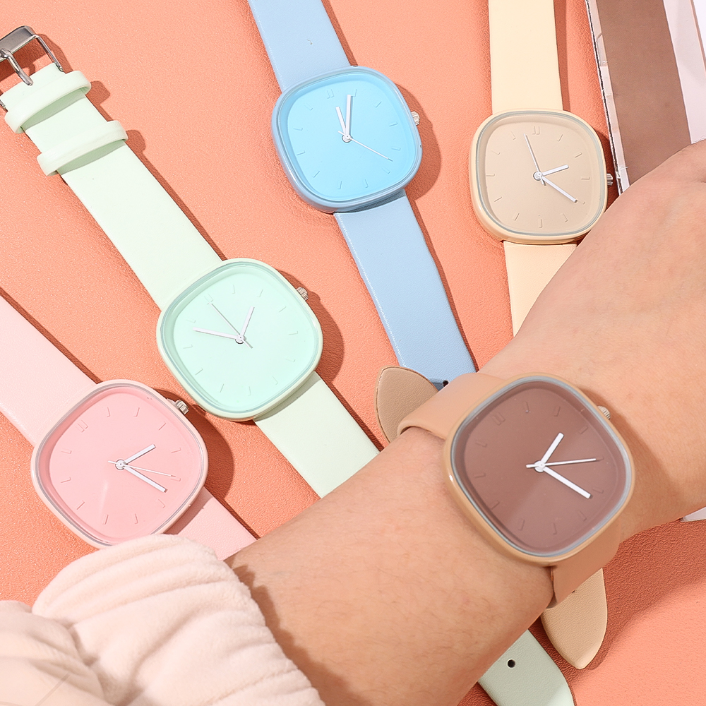 【New Trend】Japanese Minimalist Style Niche Design Creative Fashionable Macaron Color Square Watch Multicolored PU Watchband Quartz Watch Women Casual Watch 1Pcs