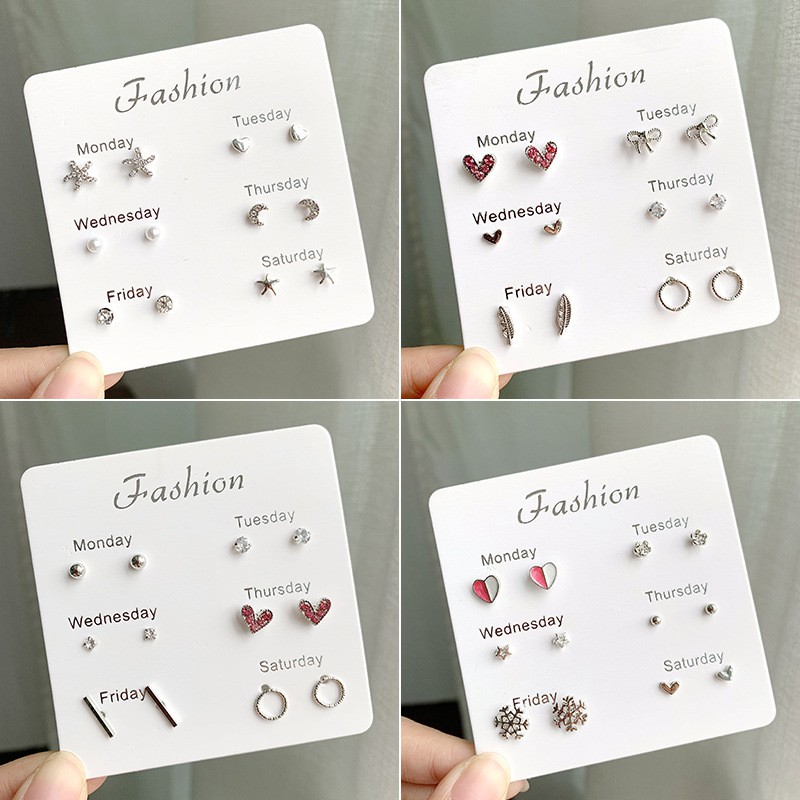 【Versatile】 4/6 Pairs/Set One Week Stud Earrings Set -Women Fashion Heart Round Leaf Earring Mixed Girl Jewelry Gift