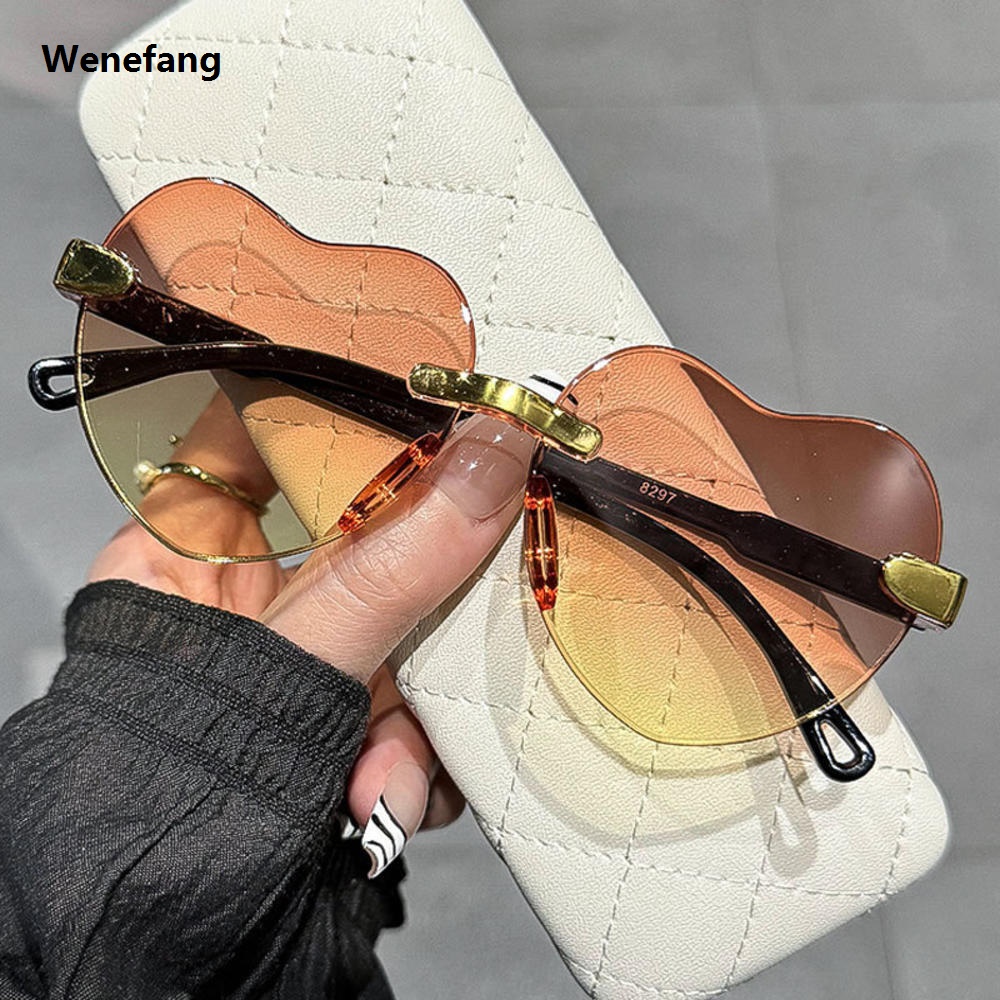 【Popular】Wenefang Fashion Heart-Shaped Sunglasses Chic UV400 Gradient Lens Rimless Sun Glasses Rimless UV Protection Love Heart Shades for Women Men Beachwear Casual Accessories Summer Fashion
