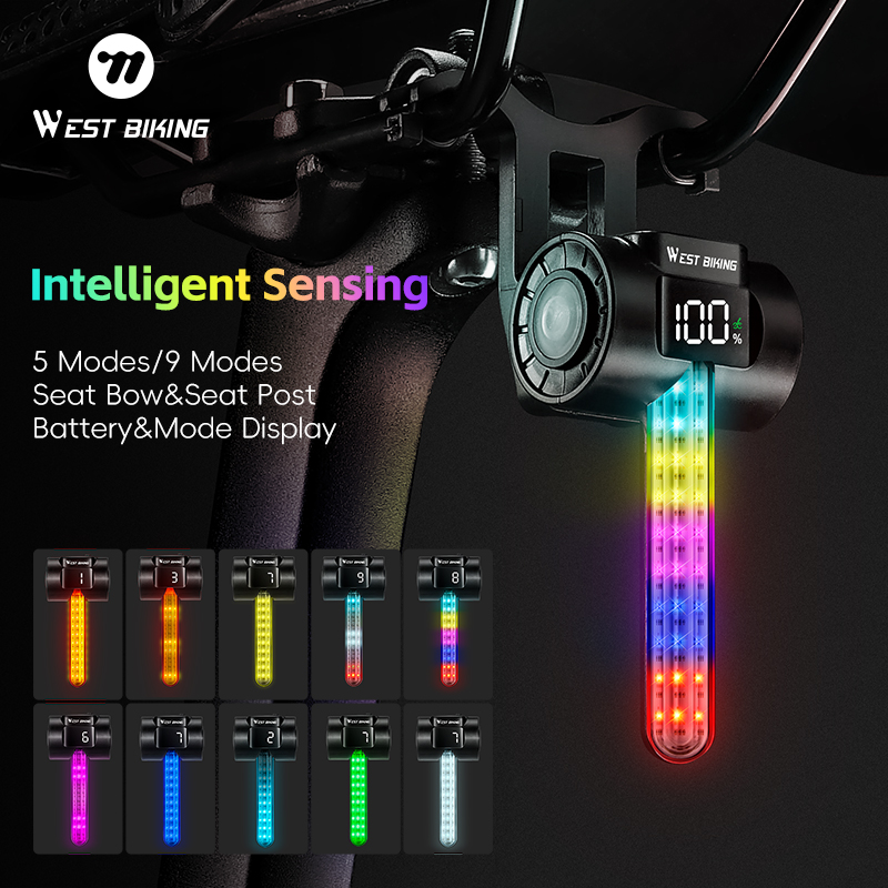 WEST BIKING Colorful Bicycle Rear Light Bar Brake Sensing Digital Power/Mode Display Auto Start/Stop Tail Light Memory Function