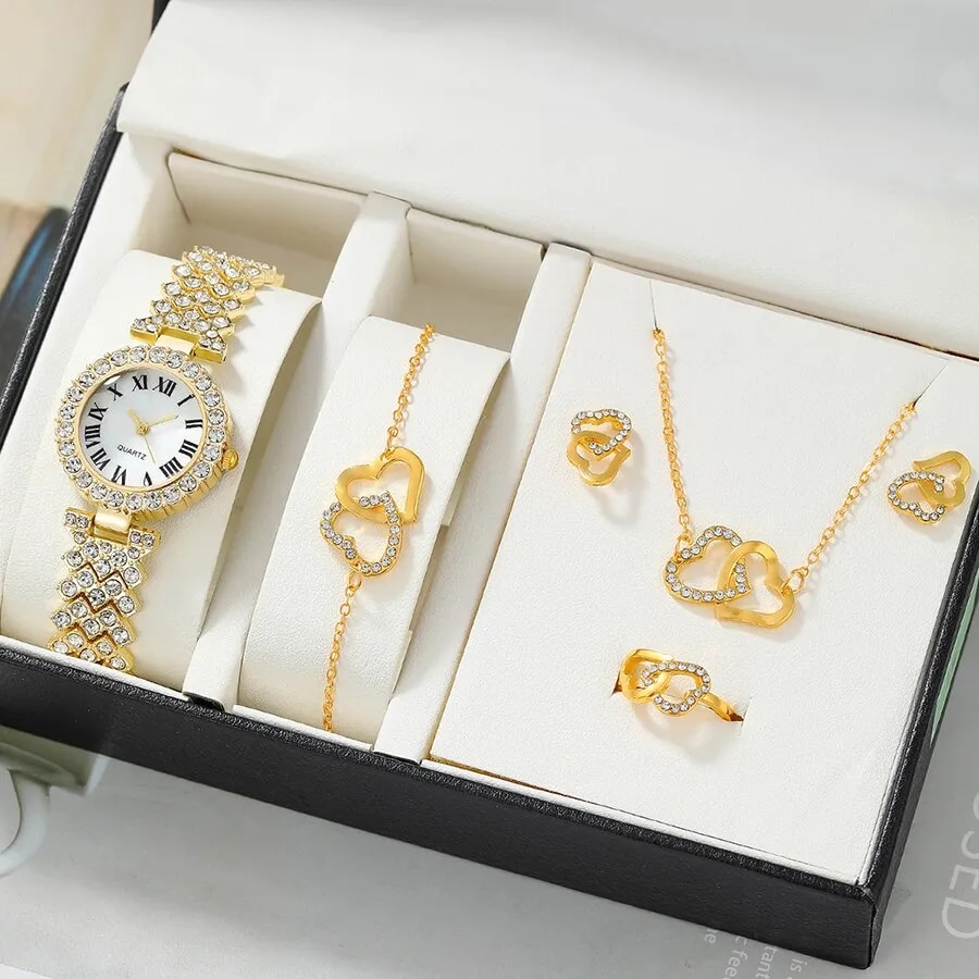 【New Trend】LooKeo Mall 6PCS Set Full Diamond Wristwatch Heart Jewelry Set Women's earrings, necklaces, bracelets, ring accessories For Girls Luxury Stylish Watch
