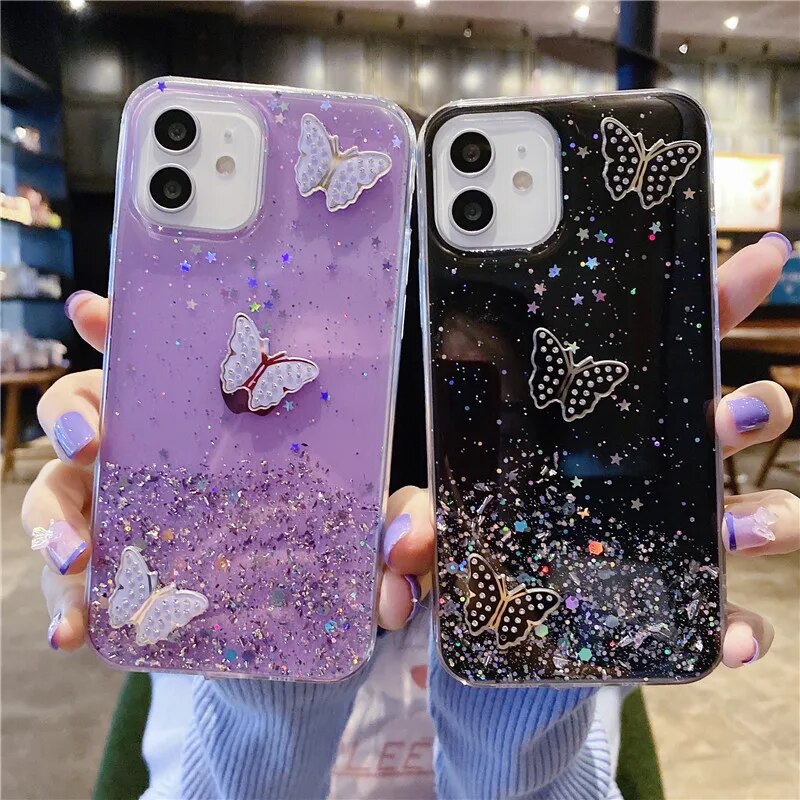 NEW Clear Bling Glitter Butterfly Love Heart Slim TPU Phone Case for Samsung Galaxy A01 A02S A40 A7 2018 A6 A8 Plus A80 A90 A81 A91