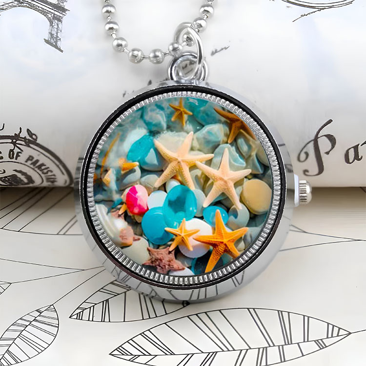 Children's Rotating Starfish Flower Pocket Watch for Girls, Cute Retro Flip Pocket Watch for Boys, Quartz Necklace Small Pendant Watch